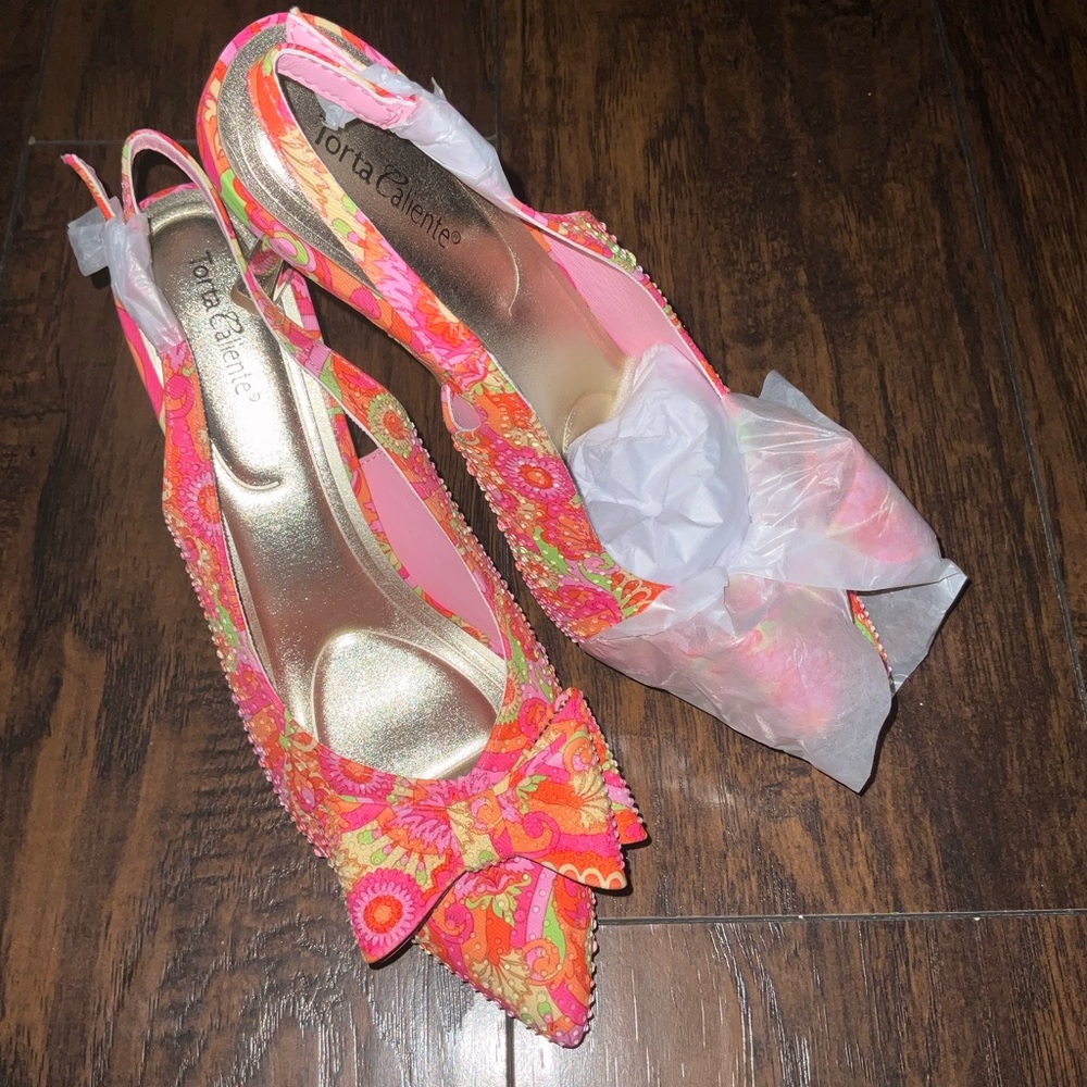 Women's Floral Slingback Heels - Pink and Orange